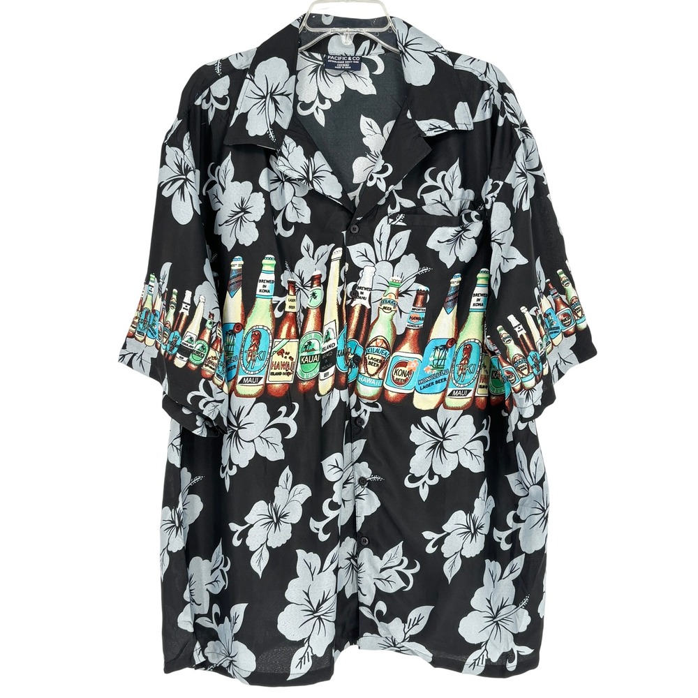 Pacific & Co Beer Bottle Hawaiian Shirt Black Floral Button Up Mens XXL
